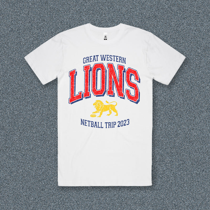 GREAT WESTERN LIONS NETBALL TRIP TEE - WHITE - FRONT AND BACK NAMES