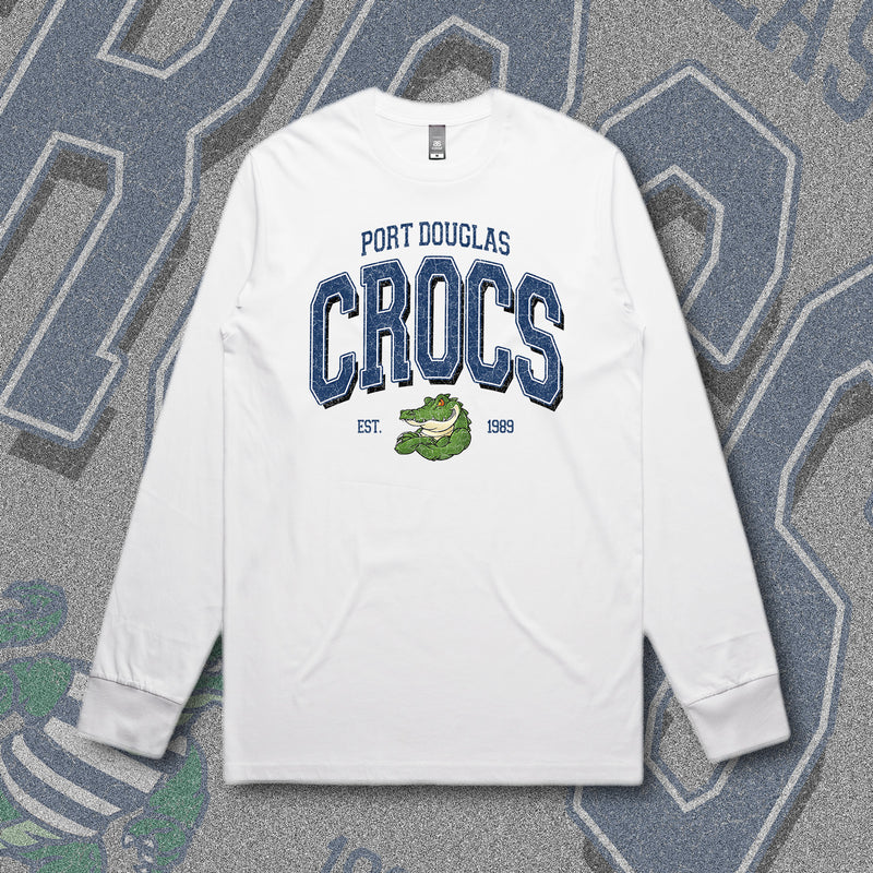 PORT DOUGLAS CROCS VARSITY L/S TEE WHITE – Clubhouse Print Co
